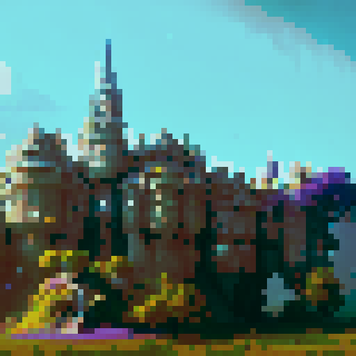 a majestic castle on a hill over a mini bus rank and purple jacaranda trees with tiny people