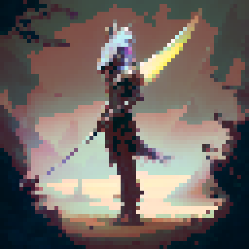 Feathered warrior wielding a sword and shield, standing amidst a lush forest with a babbling brook and glittering mushrooms