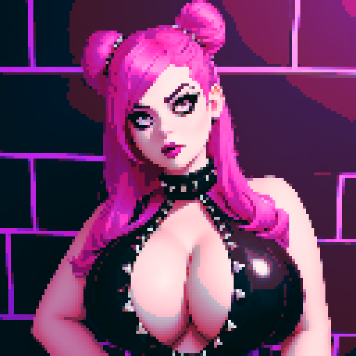 curvy, busty goth babe with studded collar. Hair in buns. 
 Nude big titty goth, in a close up nude glamour shot. Wearing Halter top. Neon lighting, modern tile backsplash.