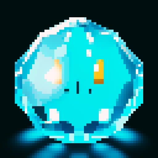 A sparkling, semi-transparent slime with a crystalline structure. It has shimmering facets, bright eyes, and a cheerful smile, with light reflecting inside. No background.
