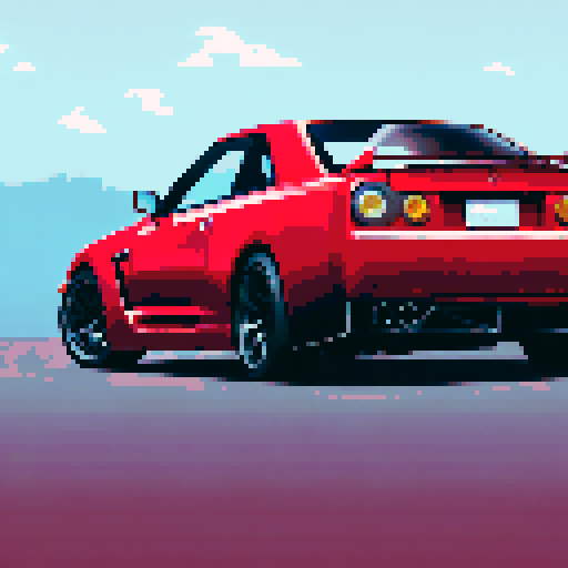 Photorealistic whole Nissan Skyline GT-R, three-quarter view, right front wheel, clean background, sRGB colors, pixel art style
