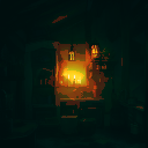 Inside an abandoned house, night time, candle light, big shelf