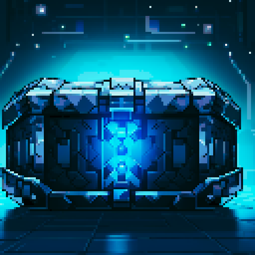 mystery box, stone, metall, shiny, pixel art, sRGB, vibrant colors, glowing lights, intricate patterns
