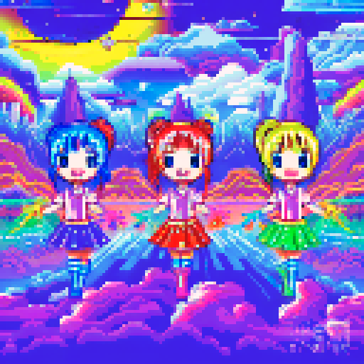 kawaii cheerleaders with pigtail hair, surrounded by a galaxy in the sky, against a meat background, using neon colors in a pixel art style, creating a vibrant sRGB landscape