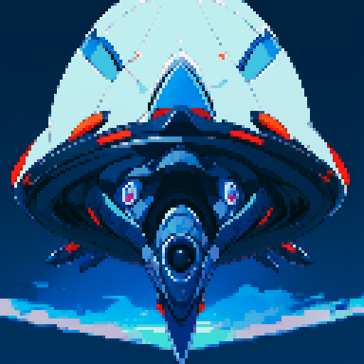 futuristic spaceship, topview, sleek and streamlined, hovering mid-air, dark blue colors, sRGB aesthetic, pixel art