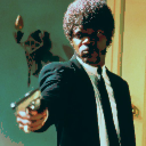 Create a pixel art scene of a man in a black suit, white shirt, and thin black tie, with an afro hairstyle, pointing a gun in a tense, action-packed pose. The background should show a dimly lit room with simple furniture, and the man should have a serious, determined expression. The lighting should cast soft shadows, giving the scene a cinematic feel. The gun should be pointed forward toward the viewer, with the character’s outstretched arm emphasizing the tension. 