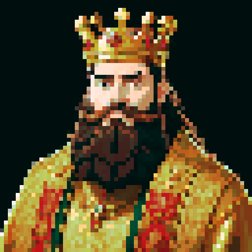 king, regal, crown, majestic, stoic expression, sharp features, detailed beard, gold accents, royal robe, intricate embroidery, game icon, 32x32 pixel art, sRGB, skill art, close up, portrait