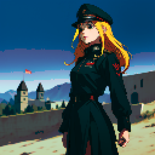 military general woman, black uniform, black hat, army behind her, fortress, evil