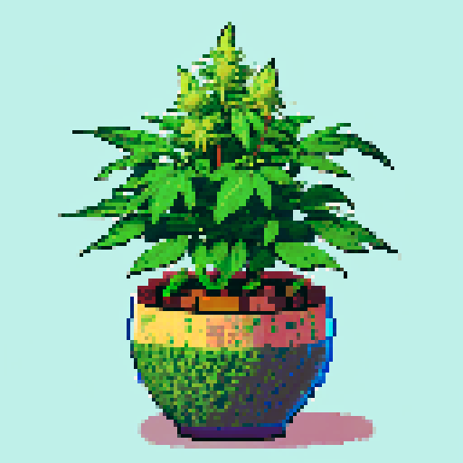 cannabis plant, vibrant green leaves, clay pot, pixelated texture, sRGB colors