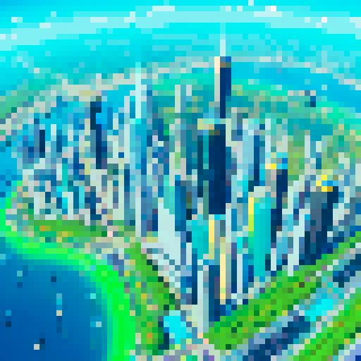 solar powered skyscrapers, vibrant green rooftops, bustling electric vehicles, floating solar farms, technicolor cityscape, pixelated solar panels, futuristic transportation network, sustainable energy infrastructure, cascading waterfalls of recycled rainwater, glowing neon signs