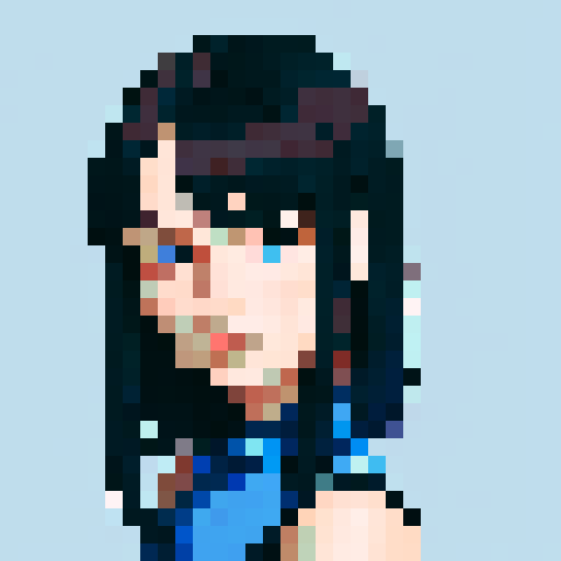 face forward, western style, only blue colors, portrait avatar, woman with shoulder length dark hair, looking at the camera, close up