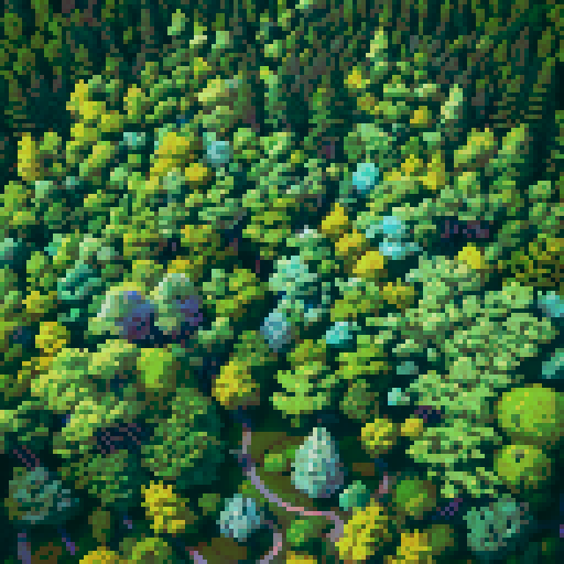 pine forest, pixel art, sRGB, vibrant colors, tall trees, dense foliage, dappled sunlight, moss-covered ground, winding path, birdsong, tranquil atmosphere, cool breeze, ethereal glow