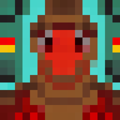 A fiery demon with red, glowing eyes and sharp horns, depicted in a 16x16 pixel portrait style, standing atop a mountain of skulls and holding a pitchfork.