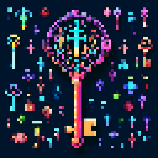 magical key, glowing with vibrant colors, surrounded by mystical symbols, rendered in intricate pixel art, against a background of dark sRGB hues
