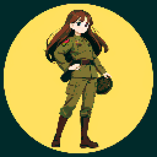 young girl, large round eyes, brown hair, brown eyes, wearing combat army uniform, a full-body standing pose, clean and detailed, game icon, centered composition, beautiful girl, long flowing hair, detailed eyes, slim figure, soft smile, round face, like Japanese anime