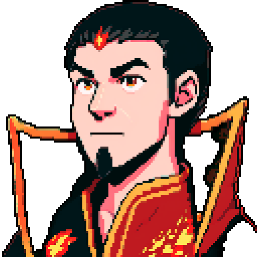 Dark evil male wizard with black hair and bright eyes, wearing a red and black robe with golden-trimmed lining, conjuring a blazing fireball in a pixel art, sRGB fantasy RPG style