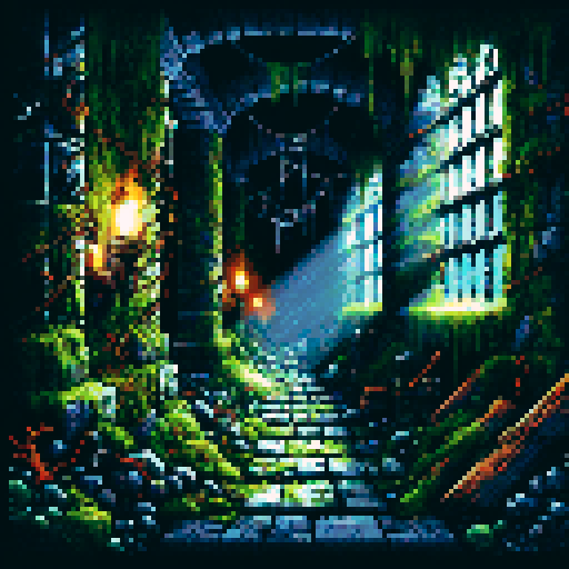 Dark, eerie, moss-covered, torch-lit, dungeon corridor with cobweb-filled crevices, rusty iron bars, and a foreboding, ominous atmosphere, all depicted in pixel art with vivid sRGB colors
