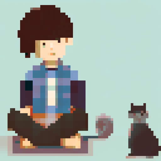 A brown-haired boy, dressed in a blue shirt, sits cross-legged, gently petting a fluffy gray cat in a cozy, retro-style pixel art scene