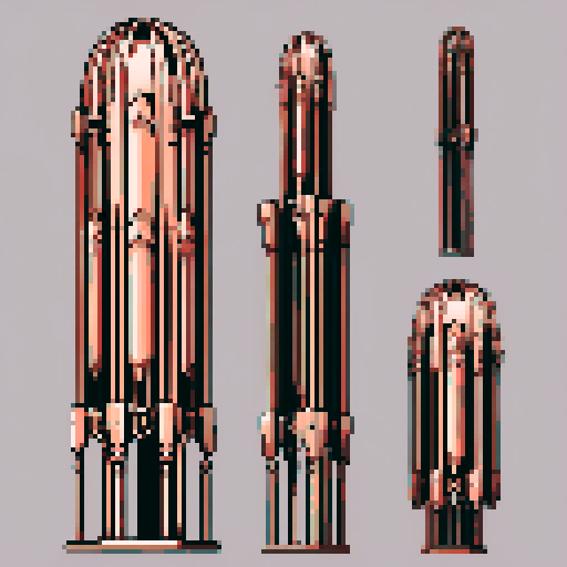 I want a tall vertical copper structure reminiscent of a organ pipe. It should have strange mechanical details that could interlock with each other. I also want this object usable an asset in a videogame, meaning only one object per image, outlined with a strong black stroke, on a solid-color background.