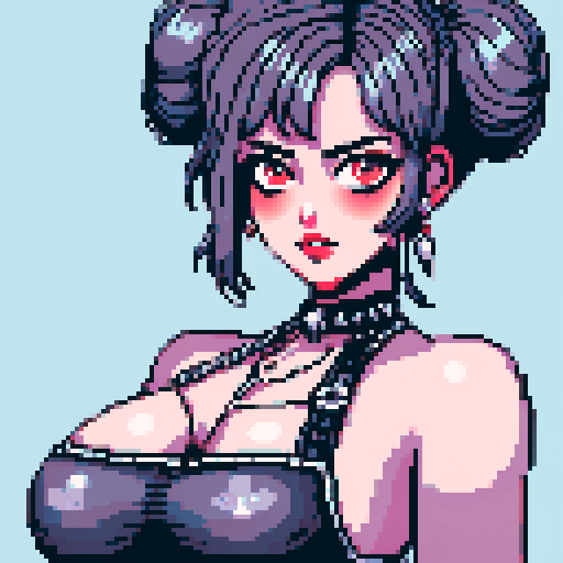 curvy, busty cute goth babe with studded collar, big titty goth wearing studded leather halter top. Large breasts. hair in buns. close up portrait, pixel art, sRGB
