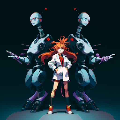 full-body image mad scientist facing left, standing on robot