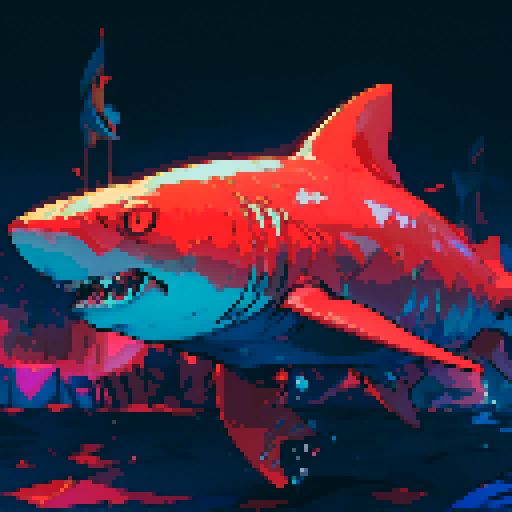 shark, vibrant colors, sharp teeth, underwater scene, dynamic movement, 8-bit style, detailed scales, contrasting shadows, oceanic background, retro gaming aesthetic