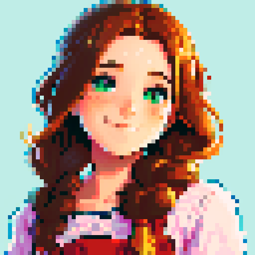 stardew valley-inspired, woman, pixel art, sRGB, vibrant colors, rustic backdrop,  braided hair, glowing skin,  gentle smile, freckles, rosy cheeks