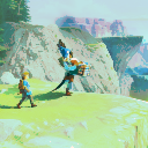 Blue bird man on cliff, human nearby, holing accordion