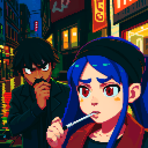 Girl on the right smoking a cigarette, guy on the left holding a gun with a bandana on his face, gritty, rainy, nighttime, downtown