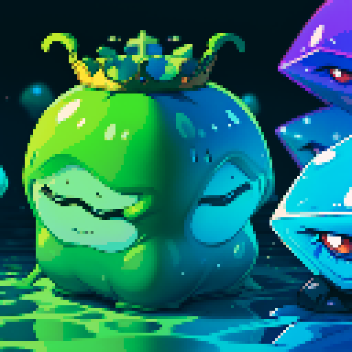 Blue Slime cube, Gelatinous cube, wearing crown, giant Slime, boss fight