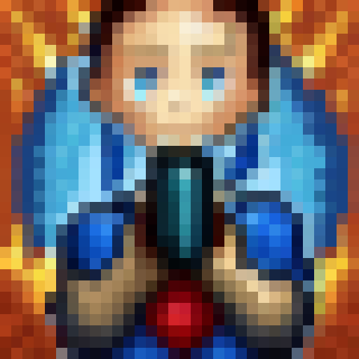 Blue-clad child brandishes firearm in 32x32 pixelated style.