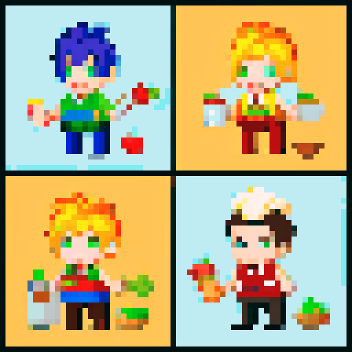   generate a sprite of a character walking left to right, then checking the fridge (fridge should be empty), then doing grocery,  then adding items to the cart and then checking out the items, then paying for the items with coins, then dicing vegetables, then boiling items, then mixing food, then serving food, then eating food, and then the character should be full.
