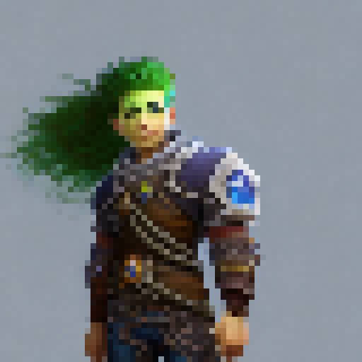 hunter from  world of Warcraft green hair, with his wolf pet