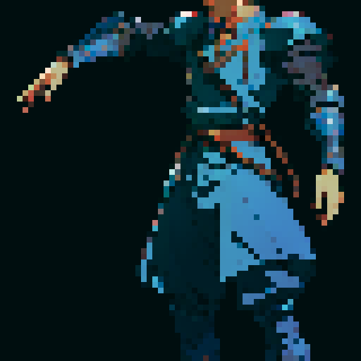 Xenogears-inspired male character, pixel art sprite, detailed armor, neutral pose, neutral facial expression, sRGB palette