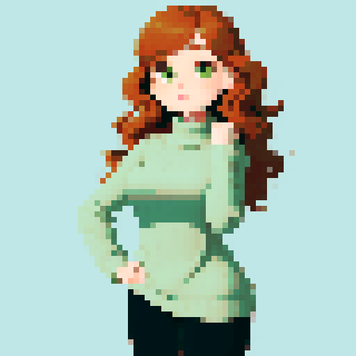 woman with fair skin and a gentle blush on her cheeks, giving her a fresh and vibrant look. Her thick, wavy hair is medium-length and chestnut-colored with golden highlights that glimmer in the sunlight. She has large, moss-green eyes framed by long lashes, exuding curiosity and liveliness. Today, she wears a light gray sweater that hugs her shoulders and falls slightly below her hips, paired with black leggings that highlight her slim figure.