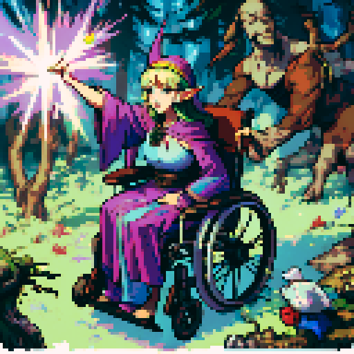 wheelchair-bound elf, magic, forest, pointy hat, vibrant colors, whimsical, pixelated, sRGB