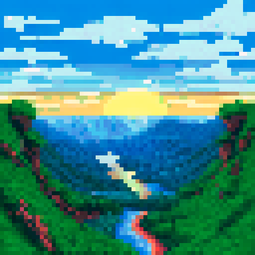 Full moon casting a dim, blue light over a pixelated landscape of rolling hills and winding rivers, with fluffy, white clouds drifting across the inky sky