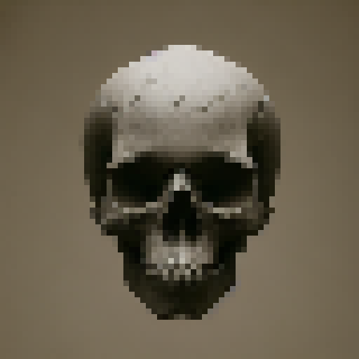 "This pixel art piece depicts a spooky skull surrounded by smoke. The bones of the skull are created with precise, sharp lines that are tightly connected. The eye sockets, nose holes, and other details are accentuated with pixels. Because the skull is portrayed in a large and distinctive manner, the smoke only hovers lightly around it like a veil. The smoke can be in black and white tones and gathered in a slight semicircle above the skull. These details complete the skull's impressive and eerie