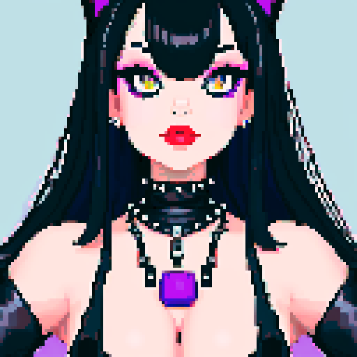 curvy, cute goth cat girl face, black hair, purple eyeshadow, red lipstick, studded leather, face portrait, glamour shot, vibrant sRGB colors, pixel art