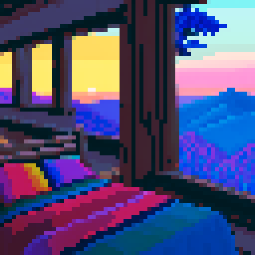 Appalachian mountains, cabin nestled in the valley, vibrant sunset painting the sky, towering trees silhouetted against the colorful horizon, pixelated masterpiece in sRGB