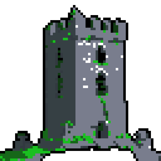 2d grey stone tower in an ancient english style. Old and crumbling but still upright. Green vines crisscross it. Usable as an asset (clear, thick lines and a white background). Put a black stroke around the composition