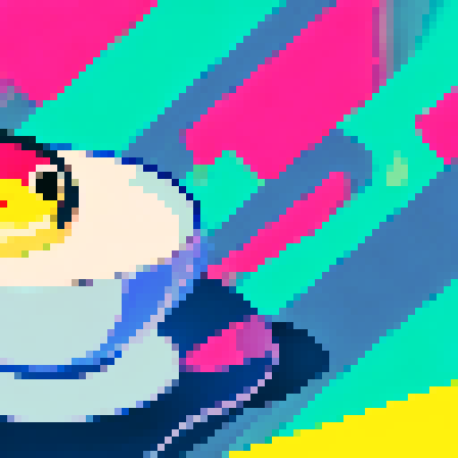 Smiling rubber duck with a yellow bill and big black eyes, holding a steaming cup of hot coffee with white steam rising, against a colorful anime-style background with bold lines and vibrant colors
