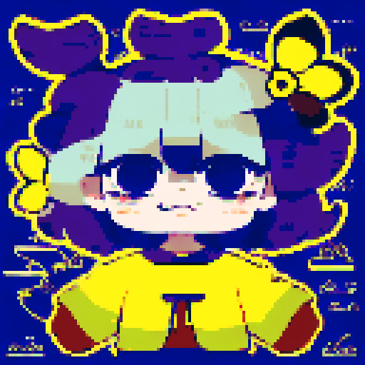 Cute Indian girl with big brown eyes, wearing a yellow flower in her hair, in a close-up pixel art portrait with an anime style