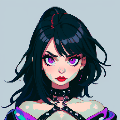 curvy, cute busty goth girl's face, whole head portrait, black hair, purple eyeshadow, red lipstick, low cut black studded leather halter top, studded collar, vibrant sRGB colors, edgy aesthetic. 