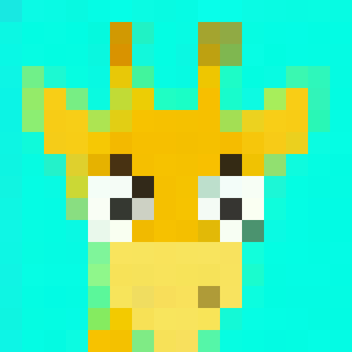 cartoon giraffe, bright turquoise background, big eyes, clearly visible pupils, game icon, 16x16, pixel art, close up, portrait