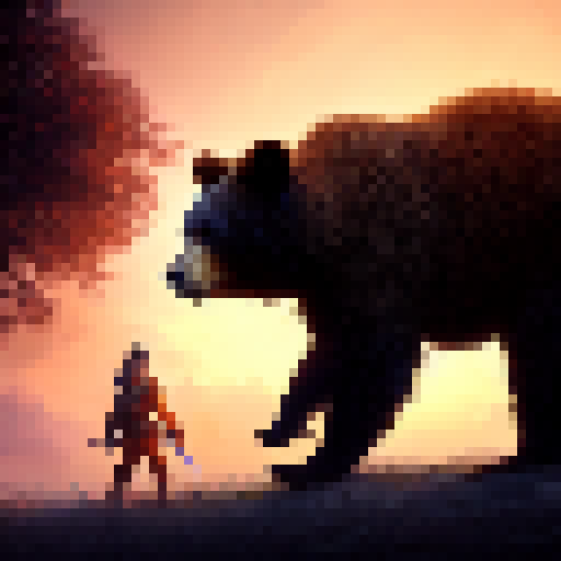 Bear warrior, headphones blasting, launches into a victorious jump with arms raised high, silhouetted against a fiery sunset and towering trees, all rendered in dramatic pixel art fit for a fantasy RPG.