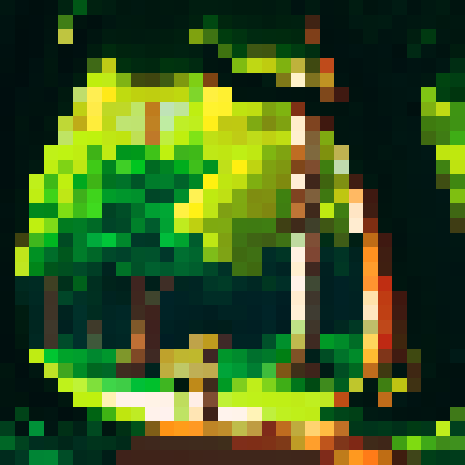 a cute jaguar in the forest. the scenery have two big trees, one at each side. the sky have a bright yellow sun
