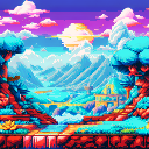 Pokemon, Chrono Trigger, vibrant colors, detailed sprite, towering mountains, flowing rivers, ocean, lighthouse, retro charm, pixelated characters, whimsical creatures, magical abilities, epic adventures, nostalgic journey, sRGB, pixel art, background, landscape