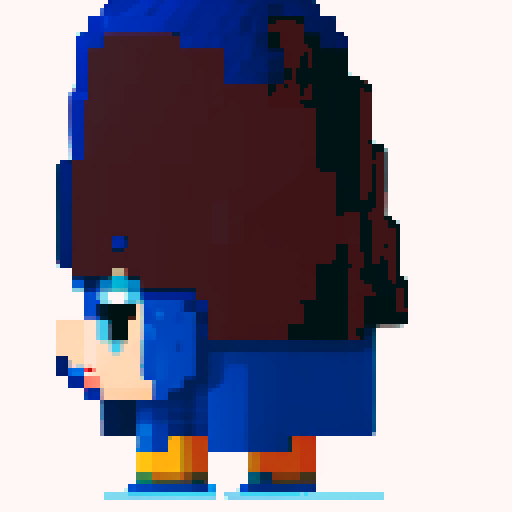Side profile of a whimsical, blue-haired character with vibrant, pixelated features, set against a backdrop of a retro, sRGB color palette