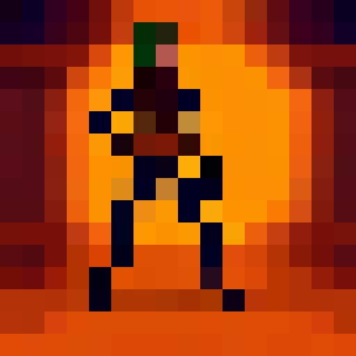 Green-hatted archer, poised with bow and arrow, stands in a mystical forest surrounded by towering trees, their leaves shimmering in the golden light of sunset, all captured in a stunning 16x16 pixel portrait.